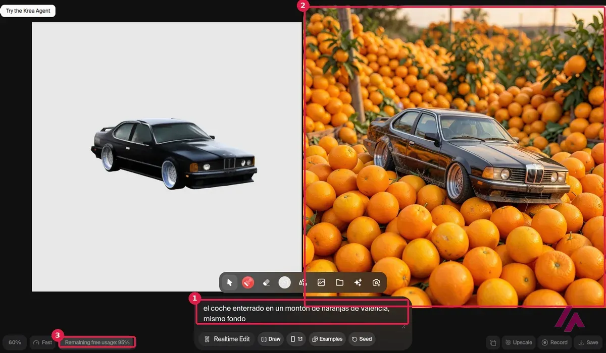 Lienzo en tiempo real de Krea con el texto en español del coche enterrado en naranjas, el resultado con el coche hundido en un montón de naranjas y el uso gratuito restante del 95 % recuadrados
