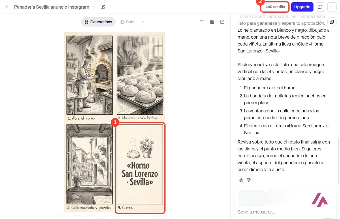 Storyboard de 4 viñetas a lápiz generado por el Agent de Runway, con la viñeta final del rótulo Horno San Lorenzo Sevilla recuadrada en 1 y el saldo de 440 créditos recuadrado en 2