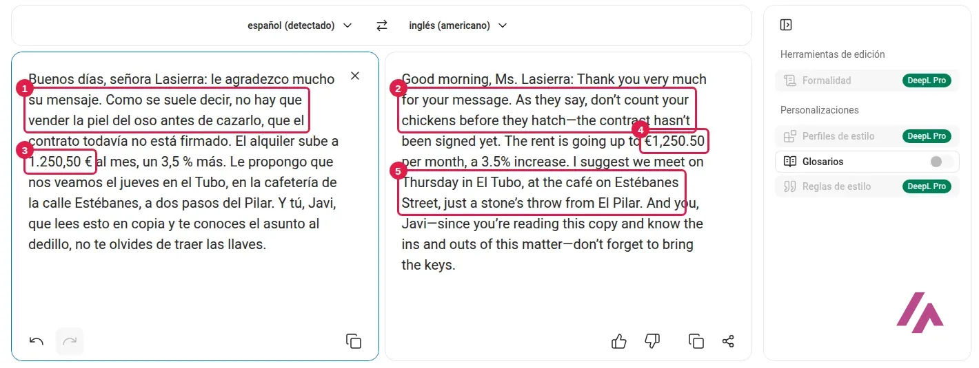 Traductor DeepL con mi carta en español a la izquierda y la traducción al inglés a la derecha, con el refrán, don’t count your chickens, 1.250,50 €, €1,250.50 y El Tubo at the café on Estébanes Street recuadrados y numerados