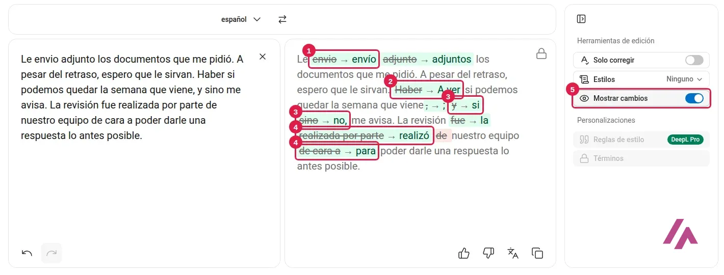 DeepL Write con mi correo a la izquierda y la versión mejorada a la derecha con los cambios marcados, con envío, A ver, si no, realizó y para recuadrados y numerados, y el interruptor Mostrar cambios recuadrado