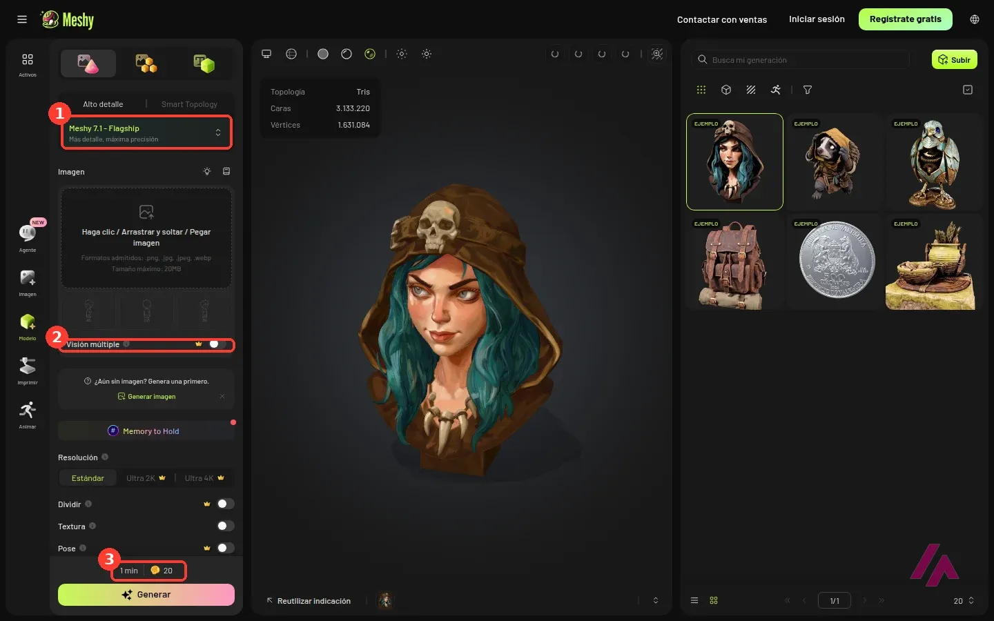Espacio de trabajo de Meshy en la pestaña de imagen a 3D con el modelo Meshy 7.1 Flagship (1), la opción de visión múltiple de pago (2) y el coste de 1 minuto y 20 créditos (3) recuadrados