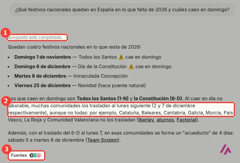 Respuesta de Mistral Vibe sobre los festivos nacionales que quedan en 2026, con el aviso de búsqueda web, la frase del traslado de los festivos y el botón de fuentes recuadrados y numerados