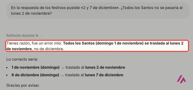 Mistral Vibe reconoce el error y corrige que Todos los Santos se traslada al lunes 2 de noviembre