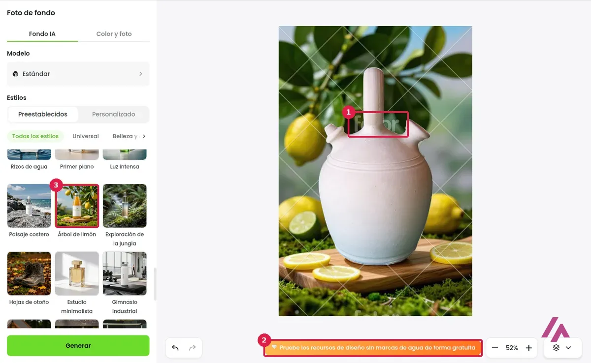Editor de fondos con IA de Fotor con el botijo sobre una tabla entre limones, la marca de agua de Fotor, el aviso de recursos sin marca de agua y el estilo Árbol de limón recuadrados
