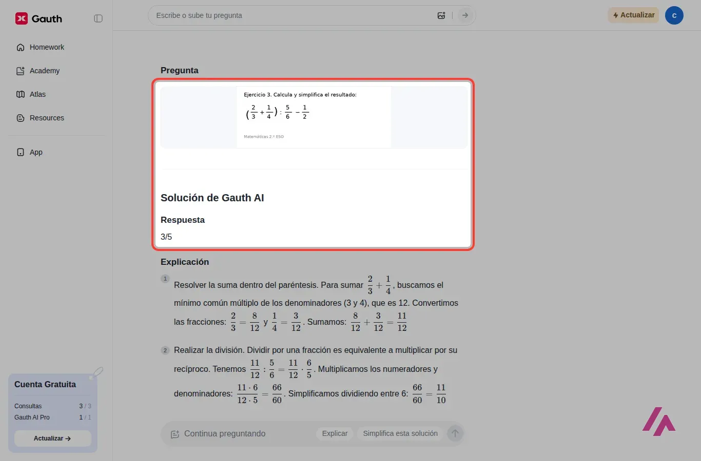 Gauth con la imagen del ejercicio de fracciones como pregunta y la respuesta 3/5, seguida de la explicación paso a paso con el mínimo común múltiplo