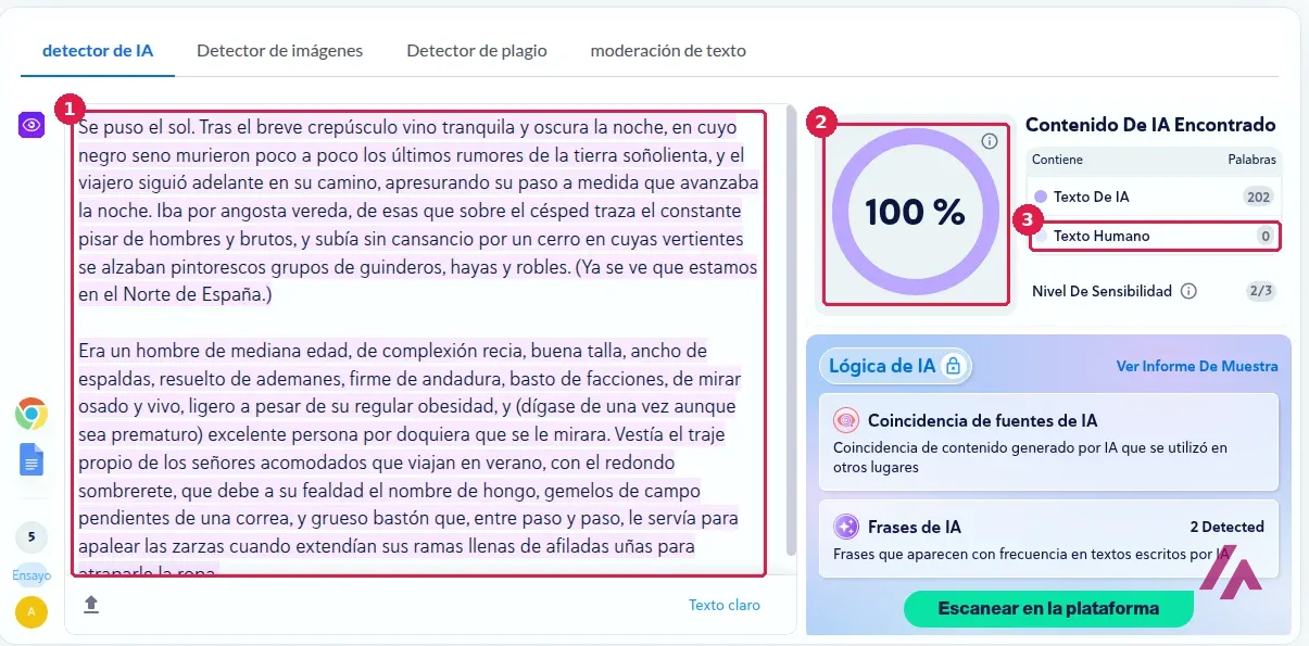 Detector de IA de Copyleaks con dos párrafos de Marianela, de Galdós, resaltados como IA, el resultado de 100 por cien y cero palabras de texto humano recuadrados