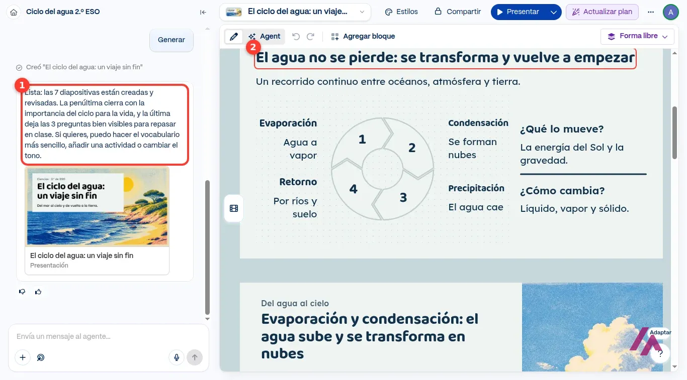 Editor de Gamma con el mensaje final del agente recuadrado con el número 1 y el título de la diapositiva del ciclo completo recuadrado con el número 2