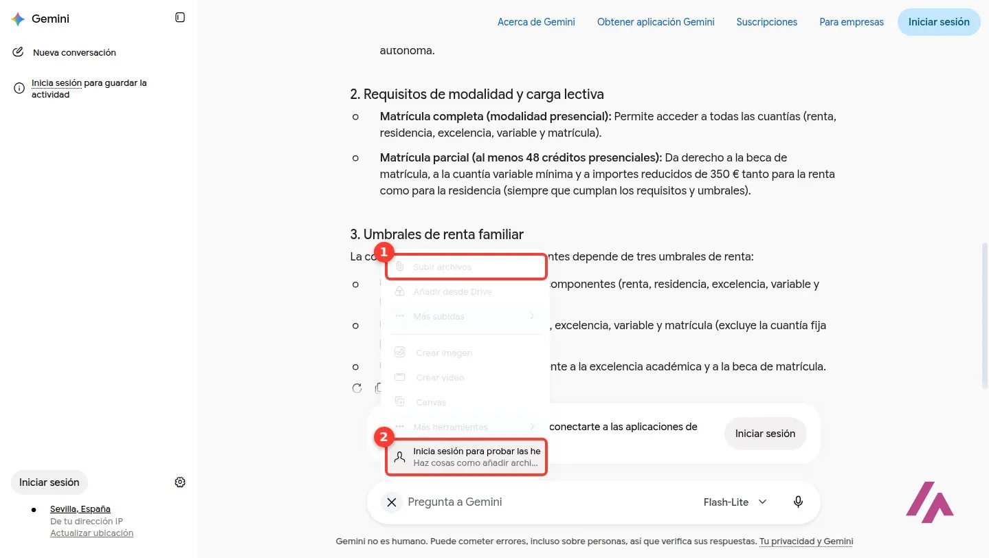 Menú del botón más de Gemini sin cuenta con la opción Subir archivos desactivada, recuadrada con el número 1, y el aviso Inicia sesión para probar las herramientas con el número 2
