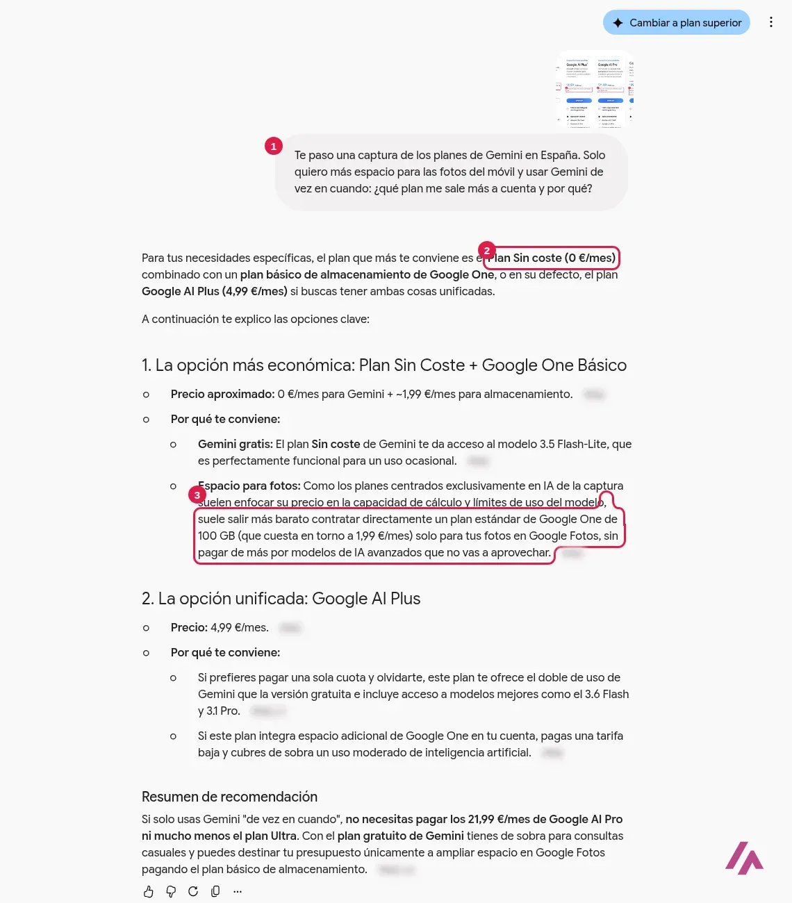 Gemini responde a una captura de los planes subida como imagen, con la pregunta, la recomendación del plan sin coste y la del plan de Google One de 100 GB recuadradas