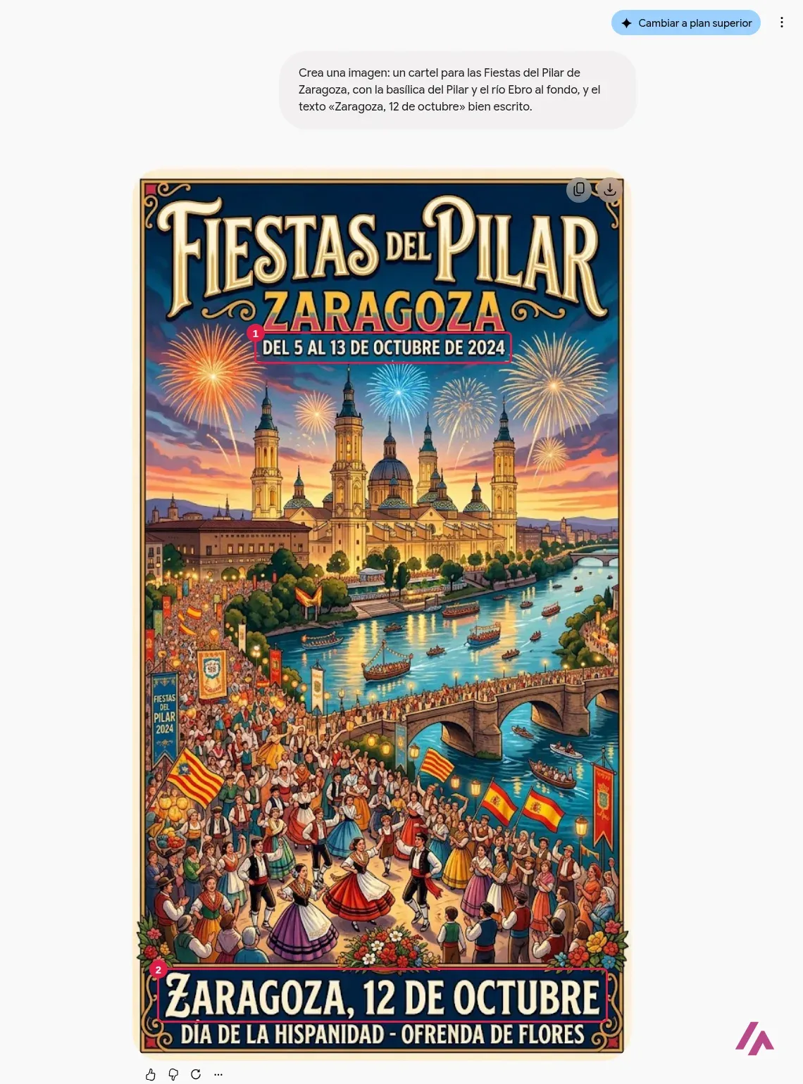 Cartel de las Fiestas del Pilar creado por Gemini con la basílica y el Ebro, con las fechas inventadas del 5 al 13 de octubre de 2024 y el texto Zaragoza, 12 de octubre recuadrados