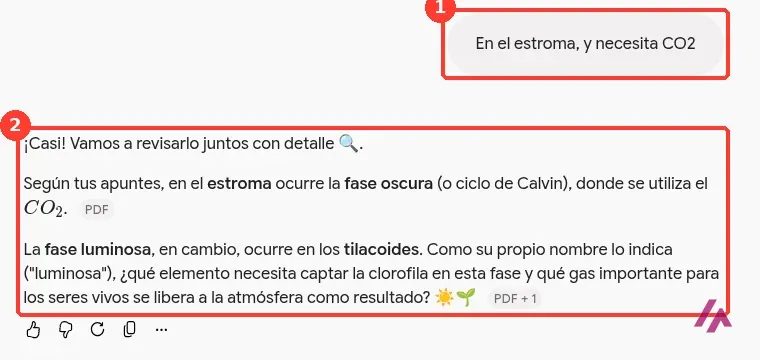 Respuesta de Gemini a una contestación equivocada, con la respuesta del estudiante recuadrada con el número 1 y la corrección con una nueva pregunta recuadrada con el número 2