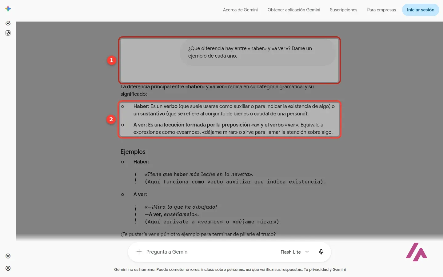 Gemini sin iniciar sesión explicando la diferencia entre haber y a ver: la pregunta (1) y la explicación de cada forma (2)
