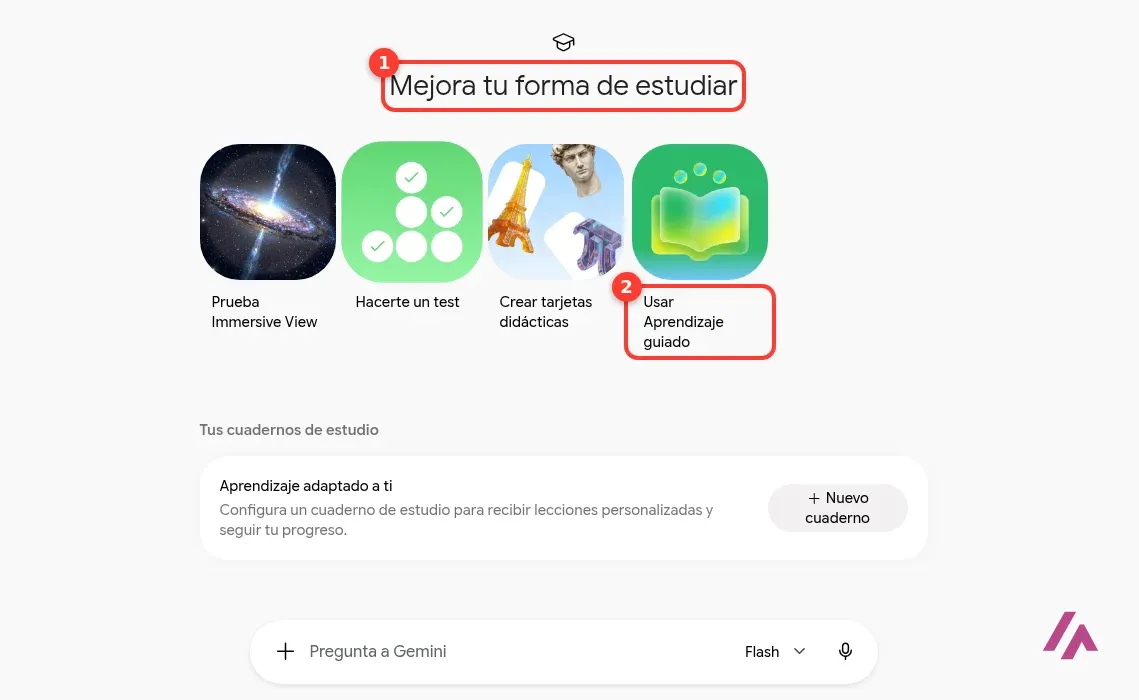 Pantalla Mejora tu forma de estudiar de la app de Gemini, recuadrada con el número 1, con los accesos Hacerte un test, Crear tarjetas didácticas y Usar Aprendizaje guiado, este último recuadrado con el número 2