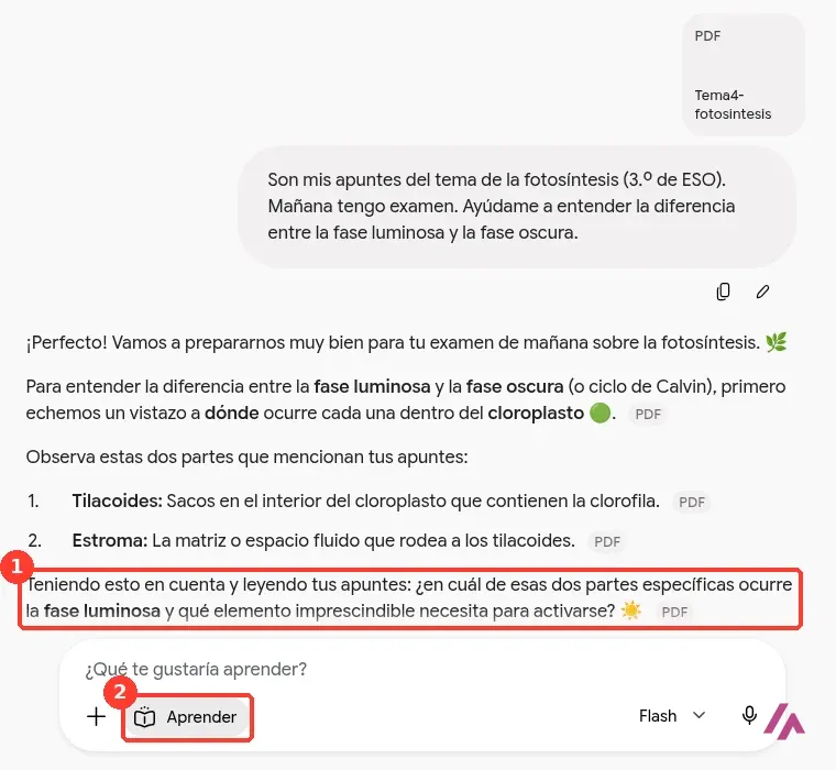 Conversación con Gemini en modo aprendizaje guiado sobre los apuntes en PDF, con la pregunta que Gemini devuelve recuadrada con el número 1 y el botón Aprender activo con el número 2