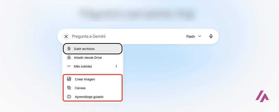 Menú del botón más de Gemini con la cuenta gratis: Subir archivos, Añadir desde Drive, Más subidas, Crear imagen, Canvas y Aprendizaje guiado, sin ninguna opción de vídeo