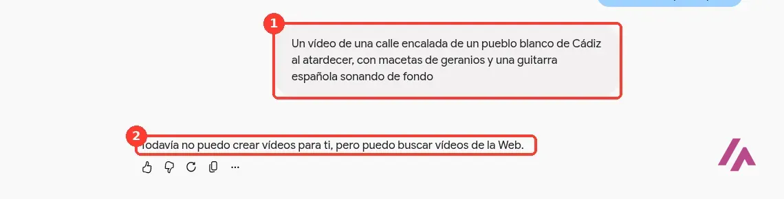 Conversación de Gemini con el encargo de un vídeo de un pueblo blanco de Cádiz y la respuesta Todavía no puedo crear vídeos para ti, pero puedo buscar vídeos de la Web