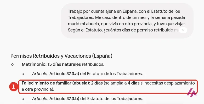 Respuesta de Gemini sin cuenta sobre los permisos retribuidos, con la línea del fallecimiento recuadrada con el número 1: 2 días, que se amplían a 4 si necesitas desplazamiento a otra provincia