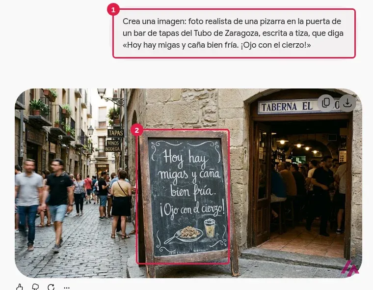 Gemini con el prompt en español de una pizarra en un bar del Tubo de Zaragoza recuadrado y la imagen generada con la pizarra que dice Hoy hay migas y caña bien fría Ojo con el cierzo recuadrada