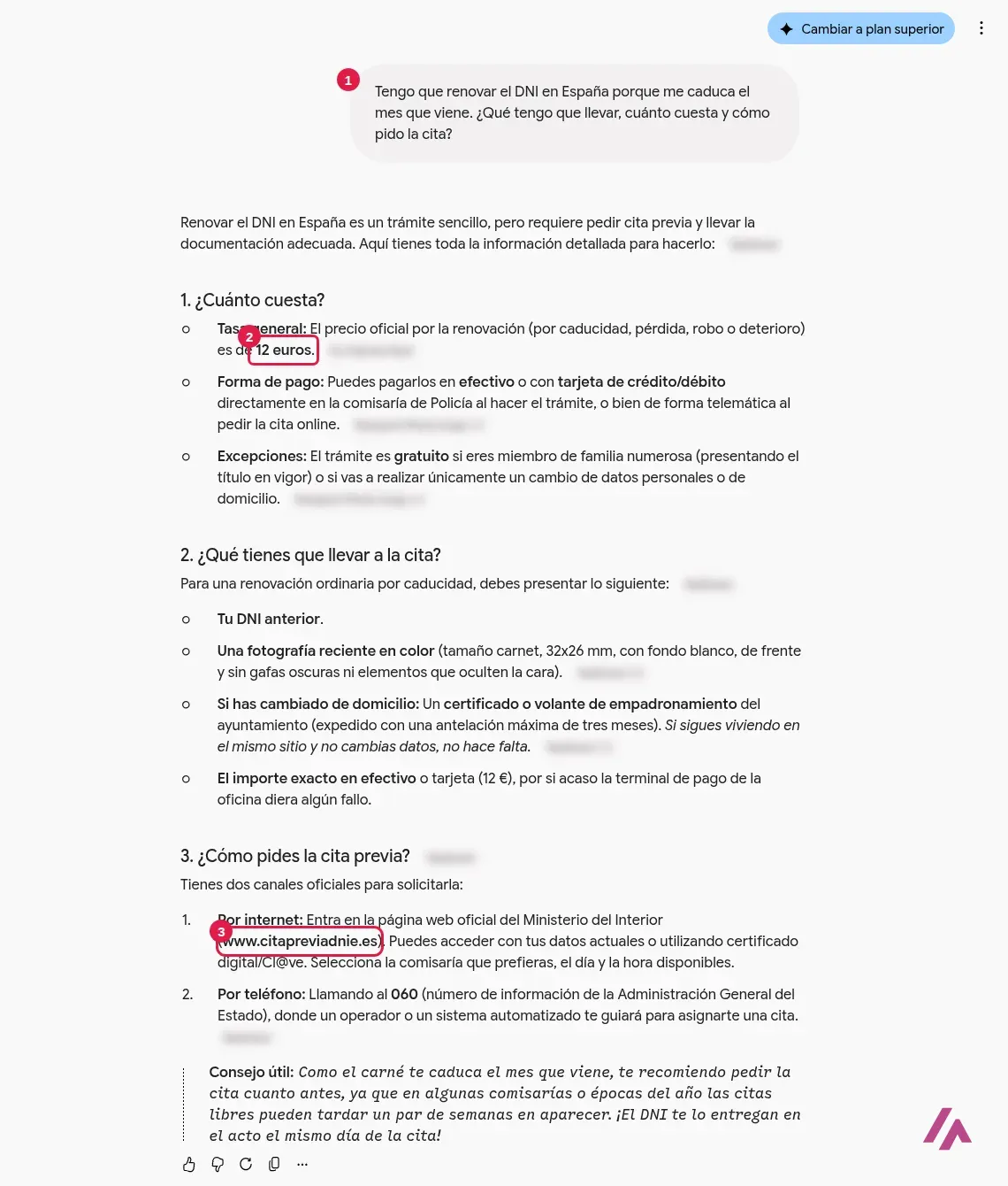 Conversación con Gemini sobre cómo renovar el DNI con la pregunta, la tasa de 12 euros y la web citapreviadnie.es recuadradas y numeradas