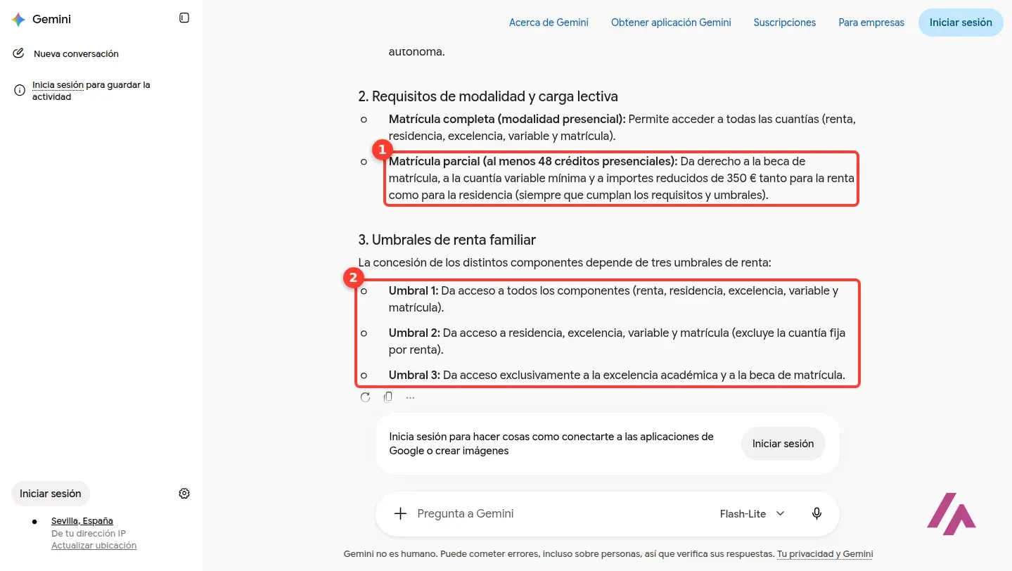 Resumen de Gemini sin cuenta con la matrícula parcial de al menos 48 créditos y los 350 euros recuadrada con el número 1 y los tres umbrales de renta recuadrados con el número 2