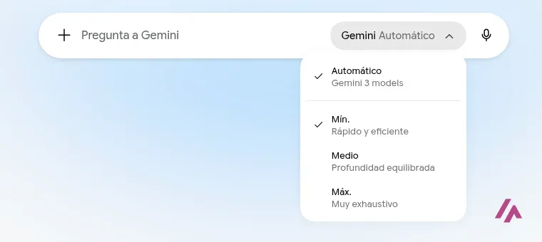 Selector de modelo de Gemini abierto con la cuenta gratis: Automático con los modelos Gemini 3 y los niveles Mín., Medio y Máx.