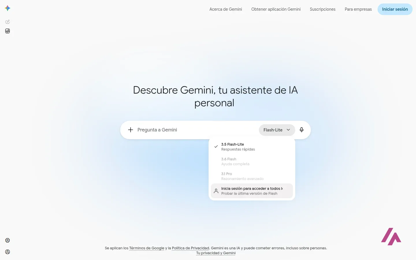 Selector de modelos de Gemini sin iniciar sesión, con Flash-Lite marcado, los otros dos modelos en gris y la opción Inicia sesión para acceder a todos los modelos