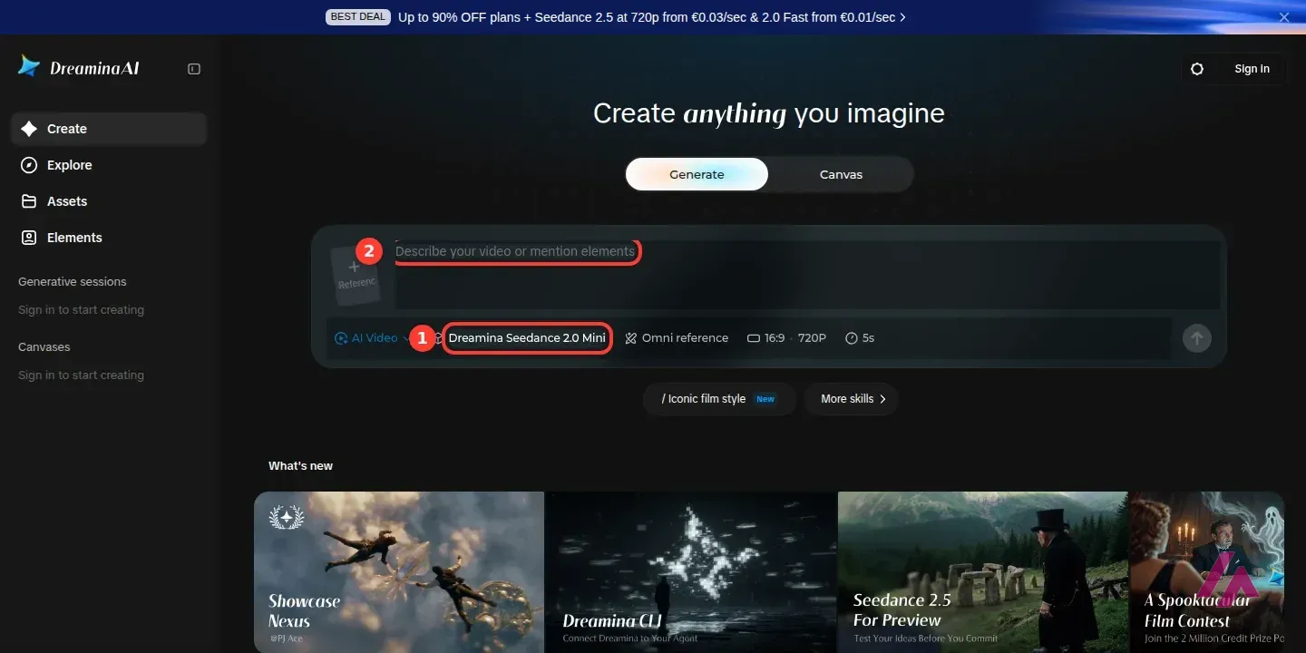 Generador de vídeo de Dreamina sin cuenta con el modelo Dreamina Seedance 2.0 Mini recuadrado y la caja para describir el vídeo recuadrada