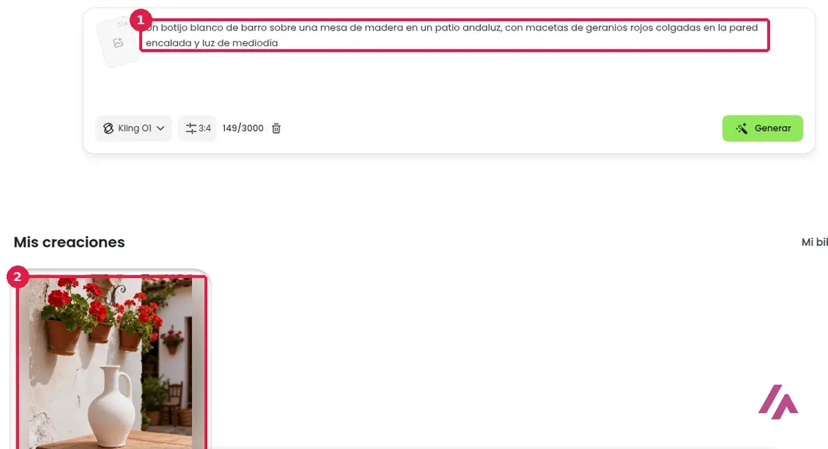 Generador de imágenes de Fotor con el encargo escrito en español y la imagen generada de un patio con geranios y una jarra blanca sobre una mesa de madera, recuadrados