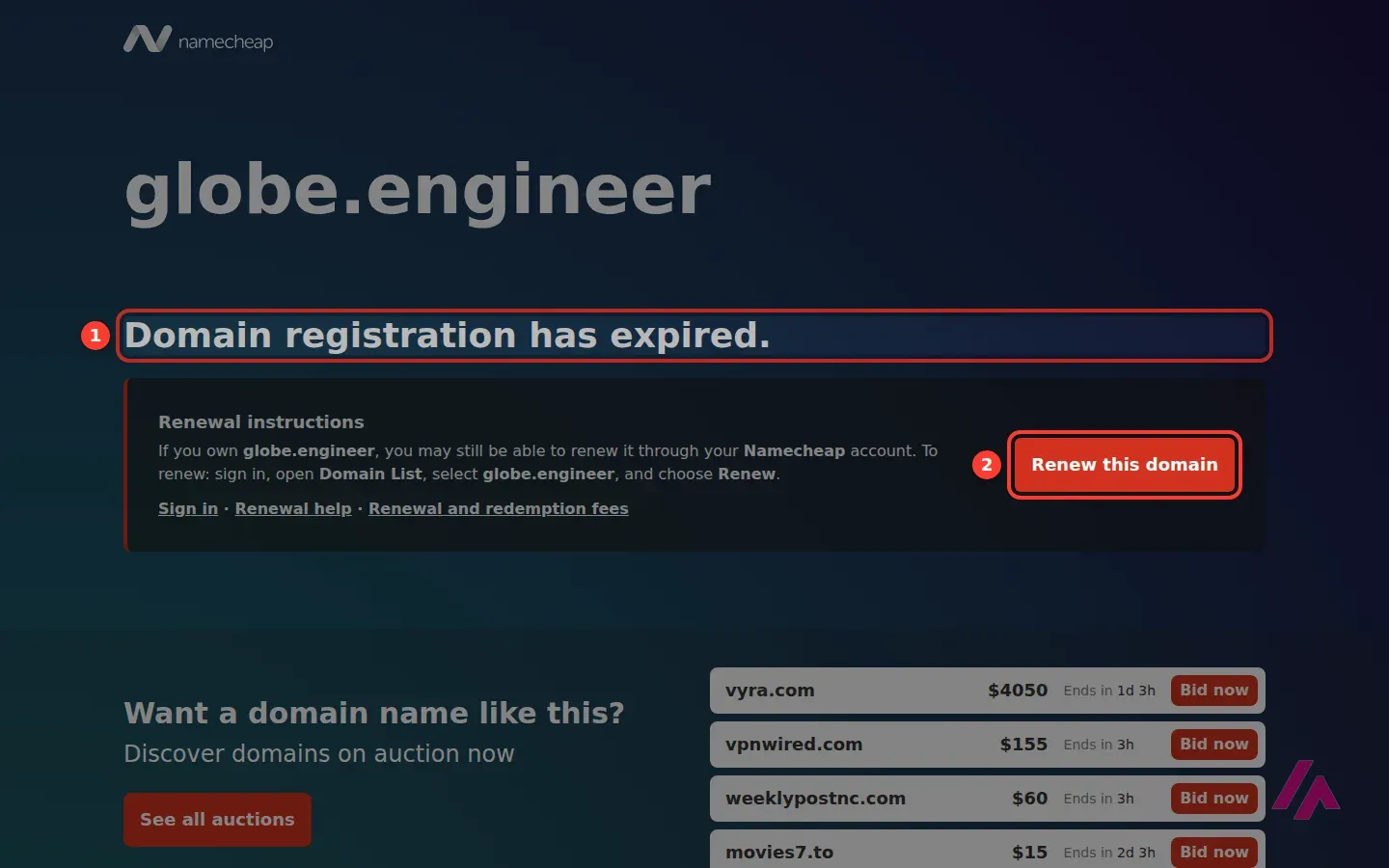 Página de Namecheap en la dirección de Globe Explorer con el titular Domain registration has expired y el botón Renew this domain recuadrados