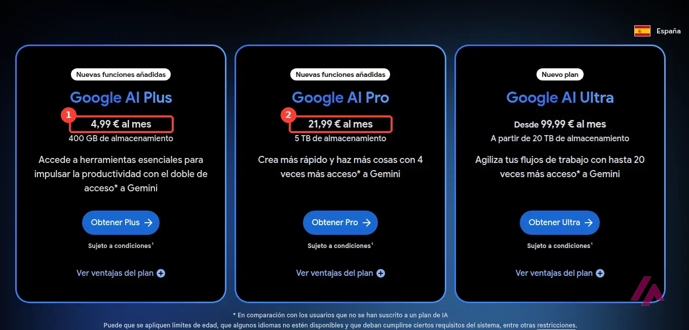 Planes de IA de Google para España: Google AI Plus a 4,99 euros al mes recuadrado con el número 1, Google AI Pro a 21,99 euros al mes con el número 2 y Google AI Ultra desde 99,99 euros al mes