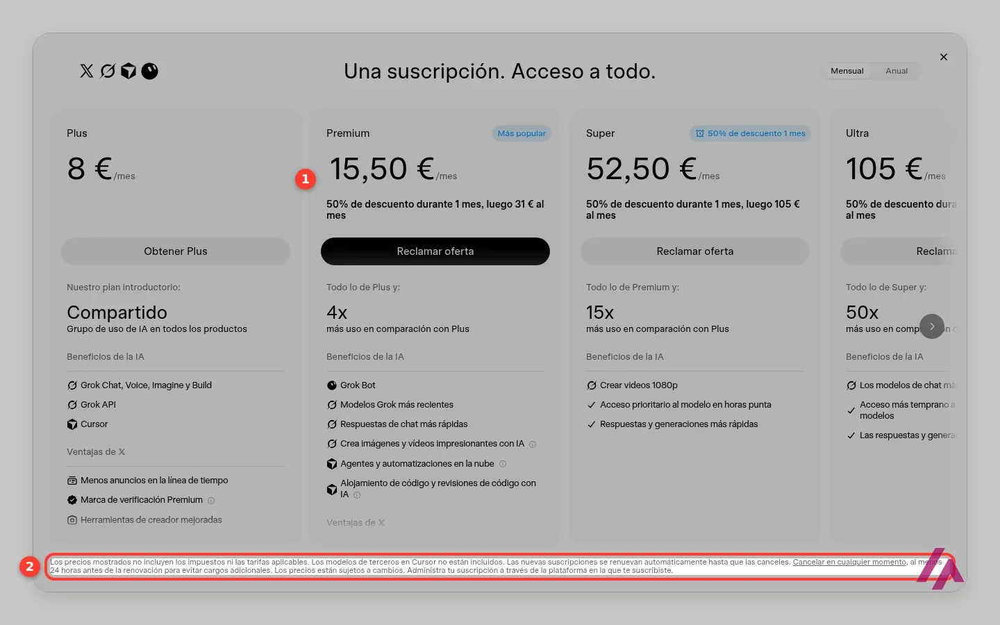Planes de Grok en euros con el Premium a 15,50 € el primer mes y luego 31 € y la nota de que los precios no incluyen impuestos recuadrados