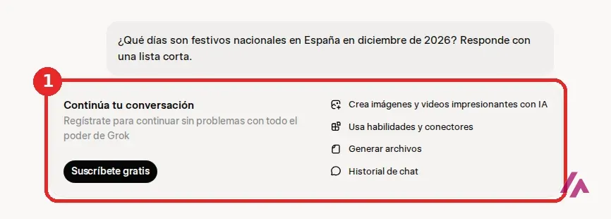 Mi pregunta sobre los festivos de diciembre en grok.com sin cuenta y, debajo, el cuadro Continúa tu conversación con el botón Suscríbete gratis recuadrado