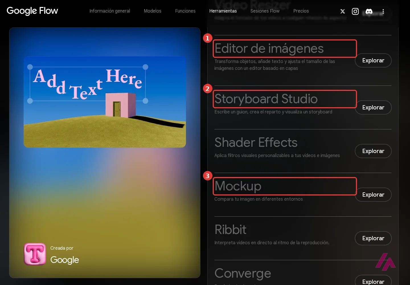 Sección Herramientas de la web de Google Flow con la lista de herramientas creadas por Google, con Editor de imágenes, Storyboard Studio y Mockup recuadrados y numerados