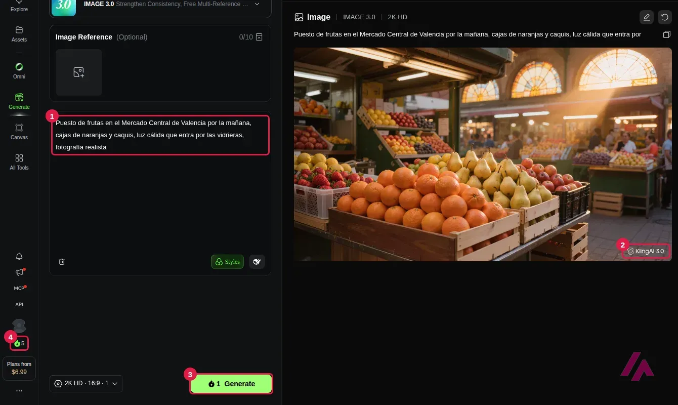 Generador de imágenes de Kling AI con un encargo en español y la imagen resultante de un puesto de frutas en un mercado cubierto con vidrieras en abanico y cajas de naranjas y peras, con la marca de agua KlingAI 3.0, el botón Generate a 1 crédito y el saldo de 5