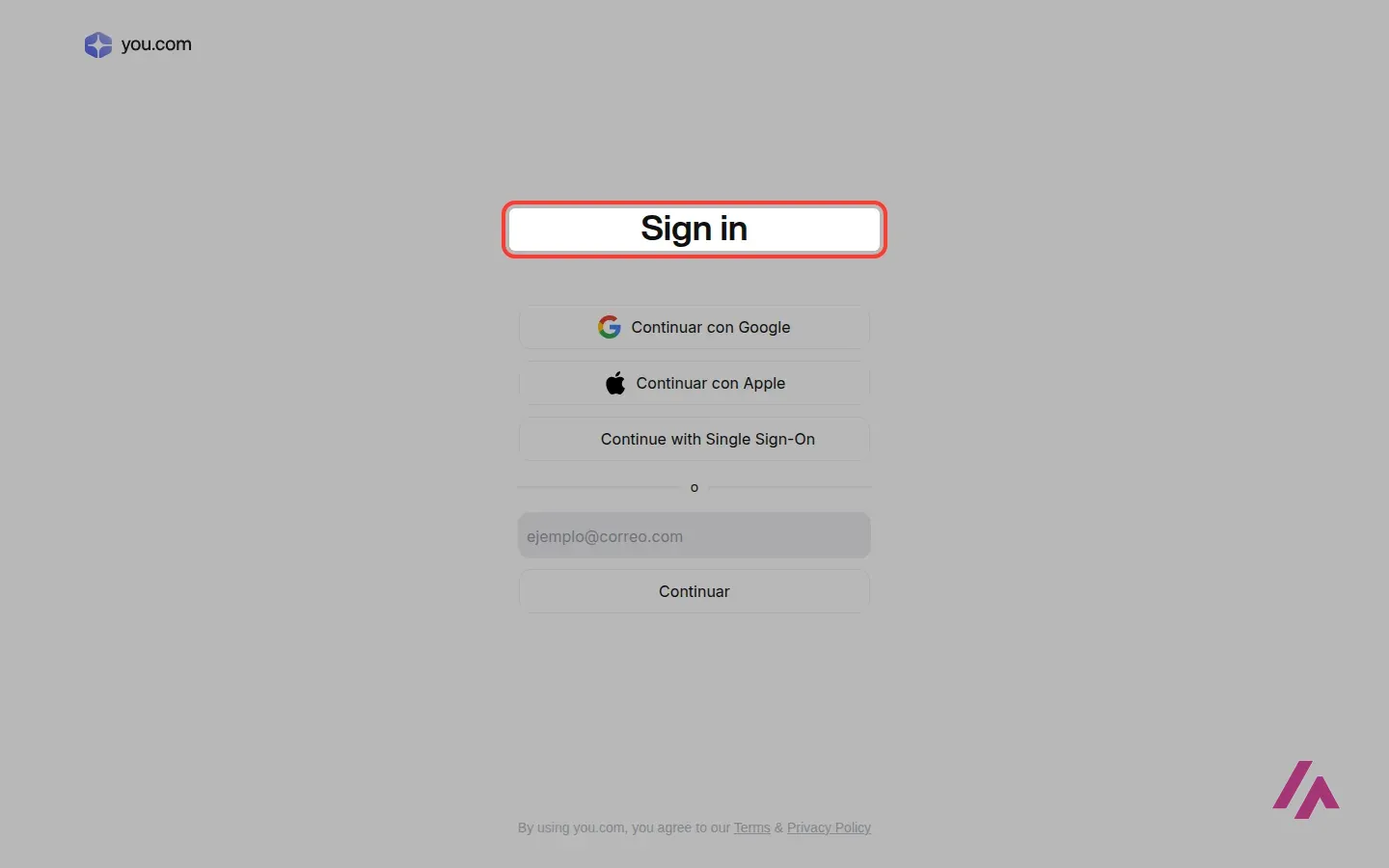 Pantalla de acceso de You.com con Sign in recuadrado y las opciones de continuar con Google, Apple, inicio de sesión único o correo