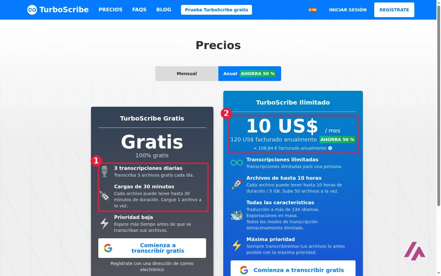 Página de precios de TurboScribe en español con recuadrados los límites del plan gratis y el precio del plan Ilimitado anual: 10 dólares al mes, 120 dólares al año y unos 106,64 euros