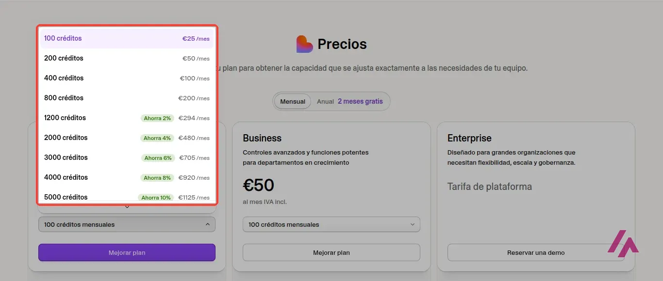 Desplegable de créditos del plan Pro de Lovable recuadrado, con el precio de cada escalón de 100 a 5.000 créditos al mes