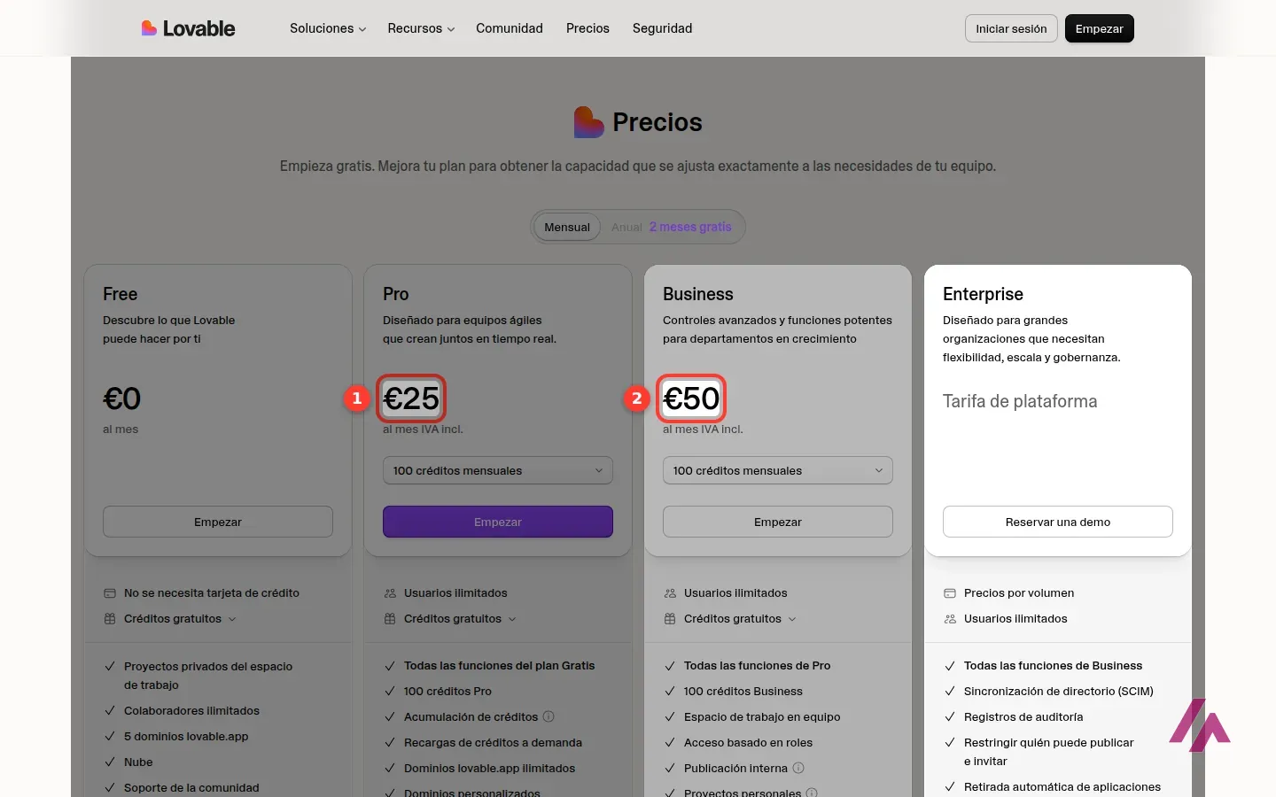 Página de precios de Lovable con los planes Free, Pro, Business y Enterprise, con los precios de Pro y Business recuadrados y numerados