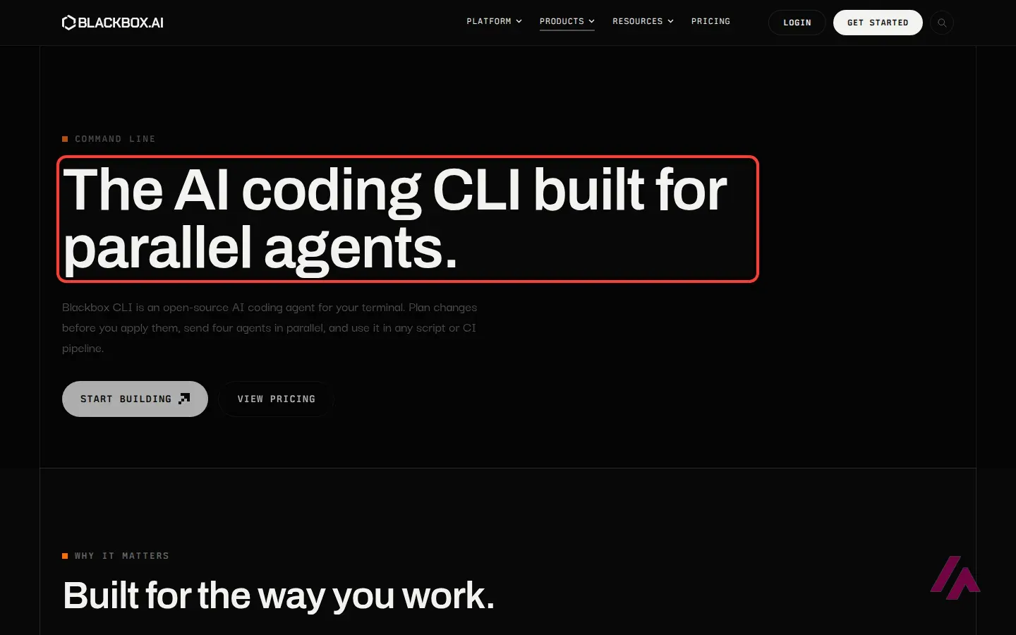 Página del agente de código de Blackbox para la terminal, con su titular sobre agentes en paralelo recuadrado