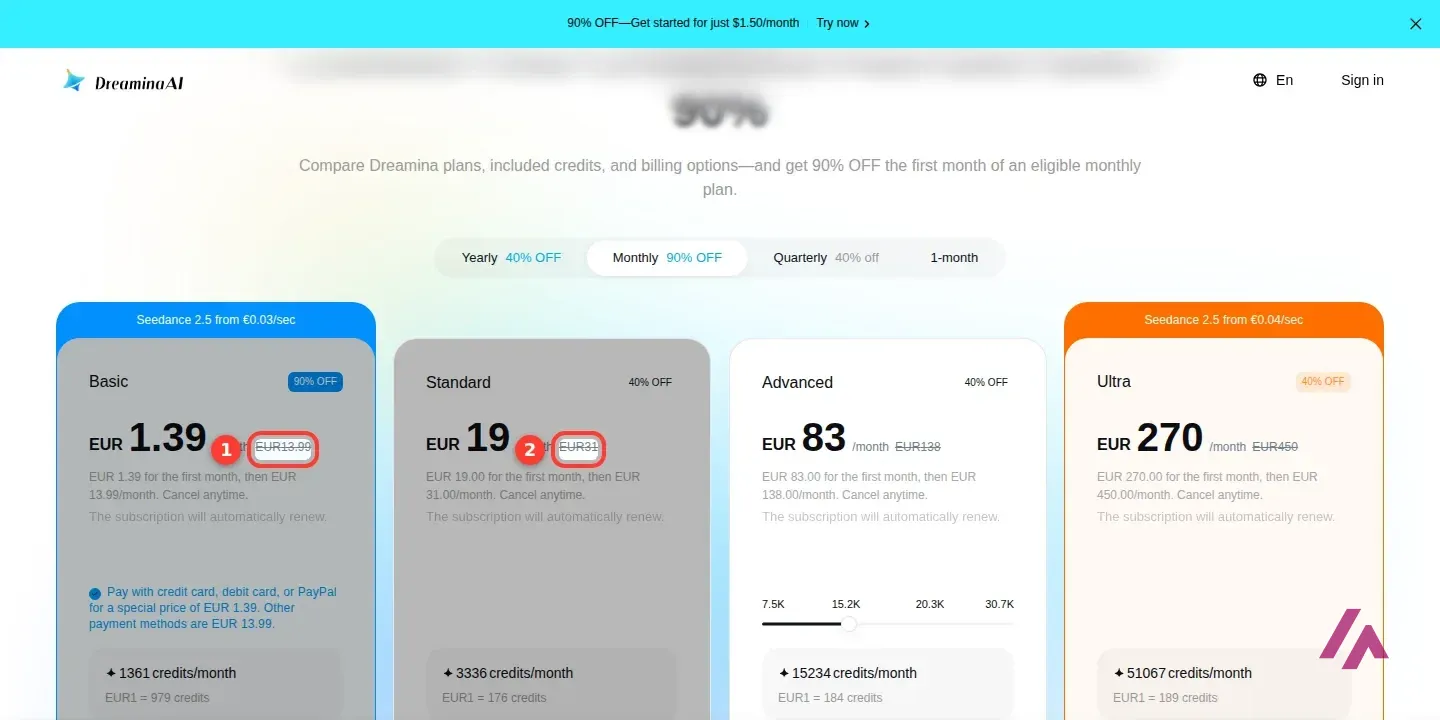 Página de precios de Dreamina en euros con los planes Basic, Standard, Advanced y Ultra y los precios normales de Basic y Standard numerados