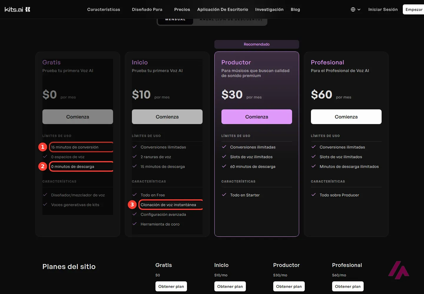 Página de precios de Kits AI con los planes Gratis a 0 dólares, Inicio a 10, Productor a 30 y Profesional a 60, con los 15 minutos de conversión y los 0 minutos de descarga del plan gratis y la clonación instantánea del plan Inicio recuadrados