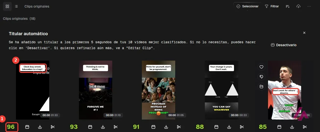 Rejilla de clips verticales de una charla TEDx con sus notas de viralidad, la más alta de 96, y titulares en inglés recuadrados
