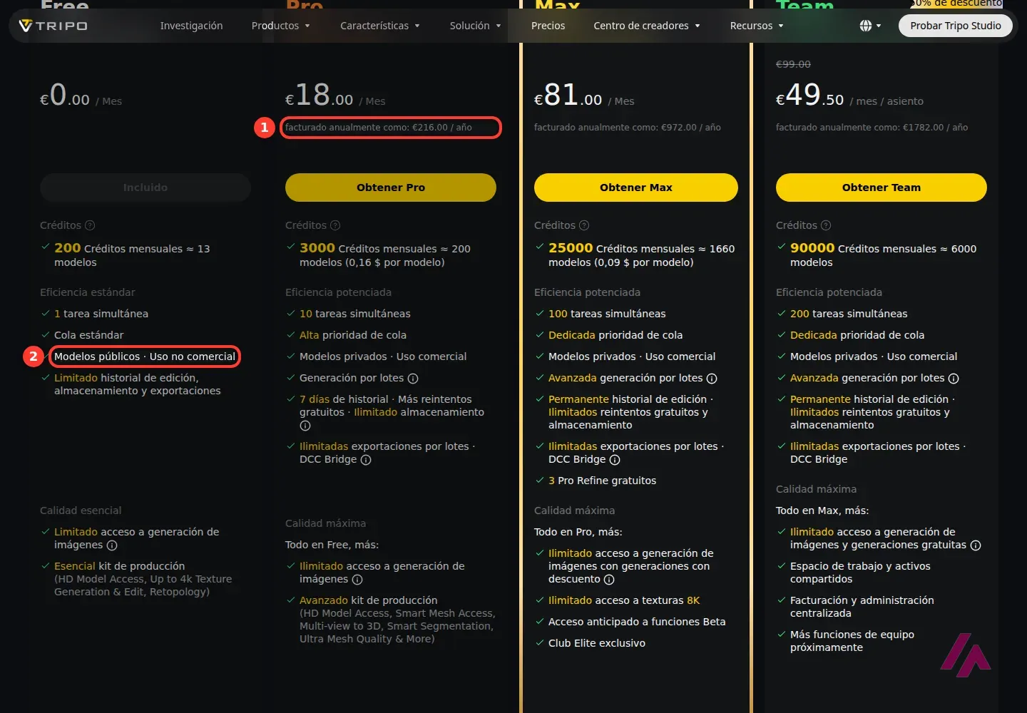 Página de precios de Tripo en euros con los planes de 0, 18, 81 y 49,50 euros, el pago anual del Pro y la línea Modelos públicos, uso no comercial del plan gratis numerados
