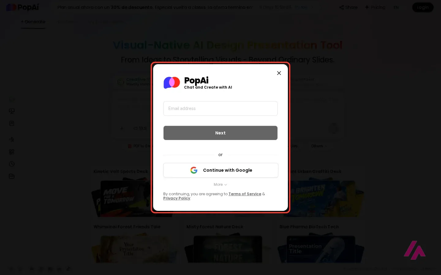 Ventana de acceso de PopAi con el campo de correo y el botón Continue with Google, recuadrada sobre el generador de presentaciones