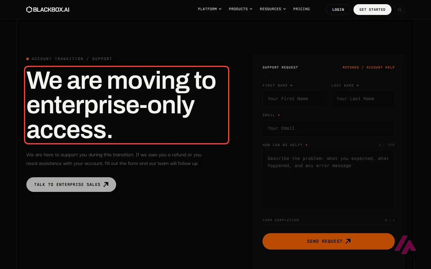 Página de Blackbox con el aviso We are moving to enterprise-only access recuadrado y un formulario de soporte y reembolsos