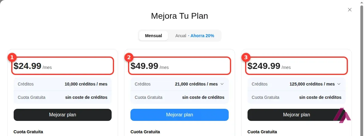 Ventana Mejora tu plan de Genspark con pago mensual y los precios de 24,99, 49,99 y 249,99 dólares al mes recuadrados y numerados