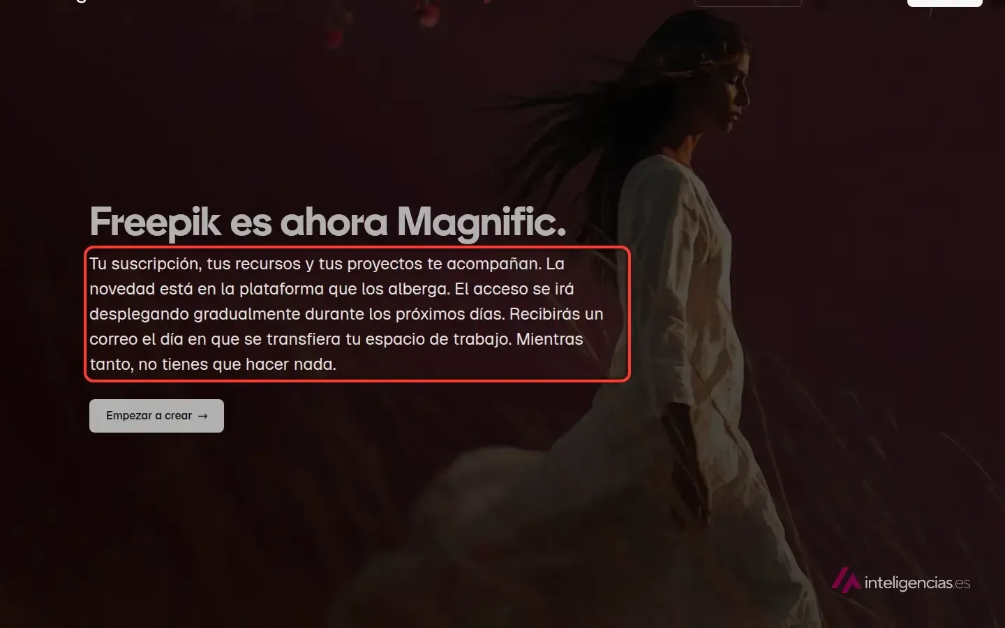 Página oficial de Magnific que explica que Freepik es ahora Magnific, con recuadrado el aviso de que la suscripción, los recursos y los proyectos se conservan