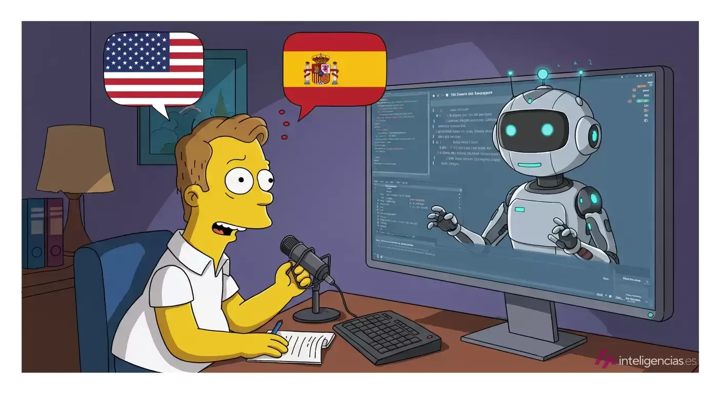 Persona dictando a un asistente de IA con bocadillos de bandera estadounidense y española: dar las instrucciones en inglés suele dar mejor resultado