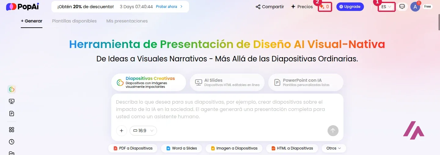 Portada de PopAi en español con el selector de idioma ES recuadrado con el número 1 y el contador de créditos a cero recuadrado con el número 2