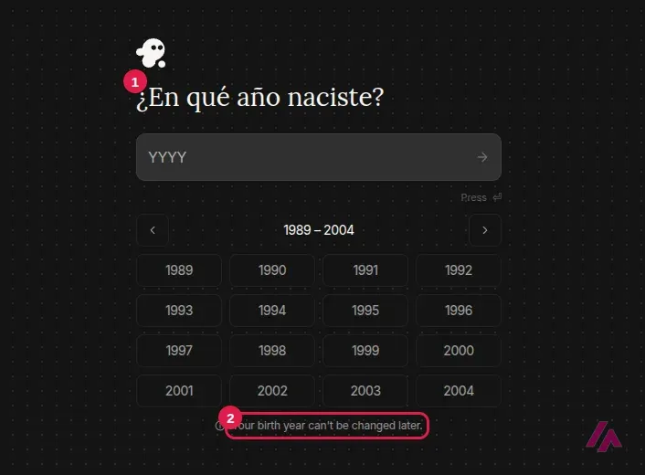 Paso 3 del cuestionario de invideo con la pregunta En qué año naciste y la nota Your birth year can't be changed later recuadradas